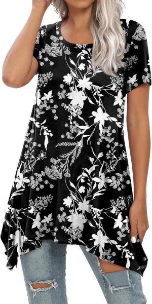 BISHUIGE Womens Summer Short Sleeve Irregular Hem Loose Tunic Tops Flowy Blouses Shirt