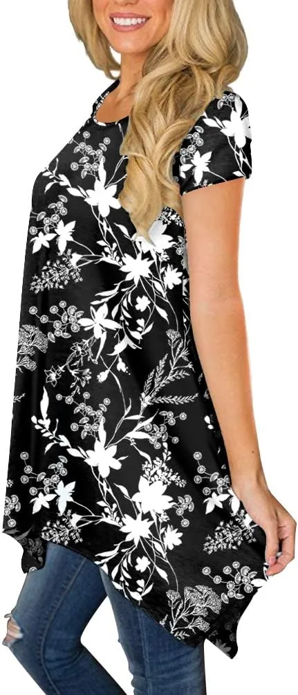 BISHUIGE Womens Summer Short Sleeve Irregular Hem Loose Tunic Tops Flowy Blouses Shirt