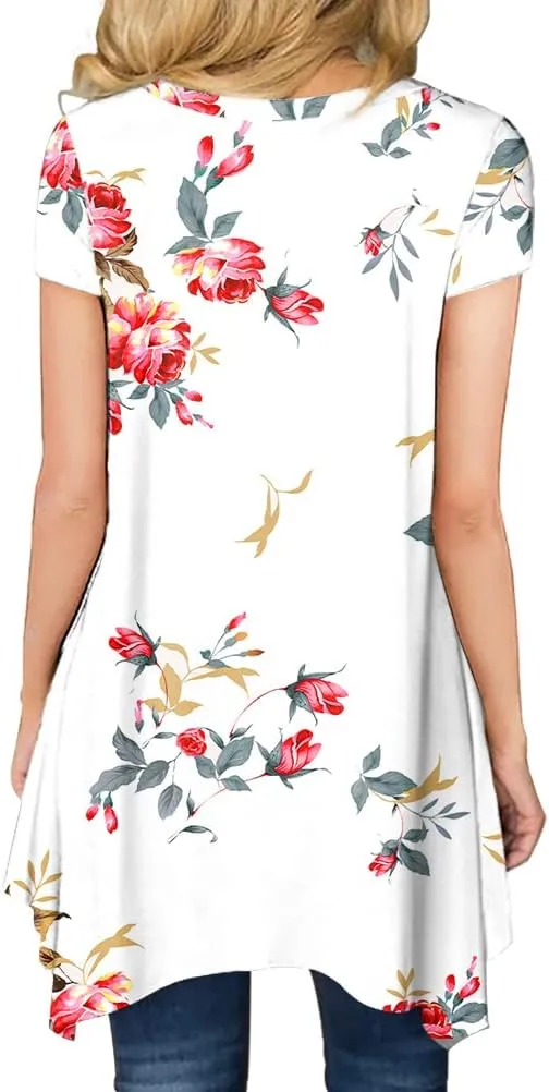 BISHUIGE Womens Summer Short Sleeve Irregular Hem Loose Tunic Tops Flowy Blouses Shirt