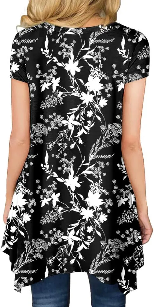 BISHUIGE Womens Summer Short Sleeve Irregular Hem Loose Tunic Tops Flowy Blouses Shirt