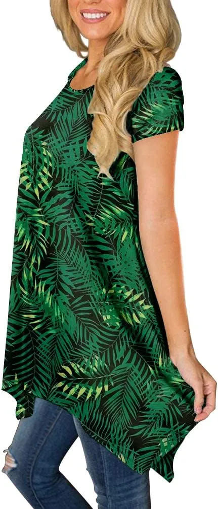 BISHUIGE Womens Summer Short Sleeve Irregular Hem Loose Tunic Tops Flowy Blouses Shirt