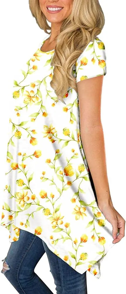 BISHUIGE Womens Summer Short Sleeve Irregular Hem Loose Tunic Tops Flowy Blouses Shirt