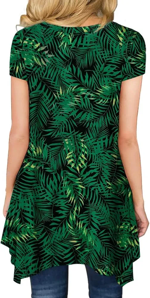 BISHUIGE Womens Summer Short Sleeve Irregular Hem Loose Tunic Tops Flowy Blouses Shirt