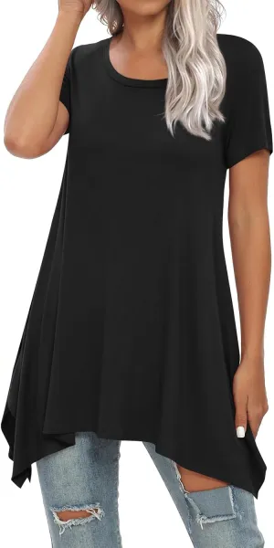 BISHUIGE Womens Summer Short Sleeve Irregular Hem Loose Tunic Tops Flowy Blouses Shirt