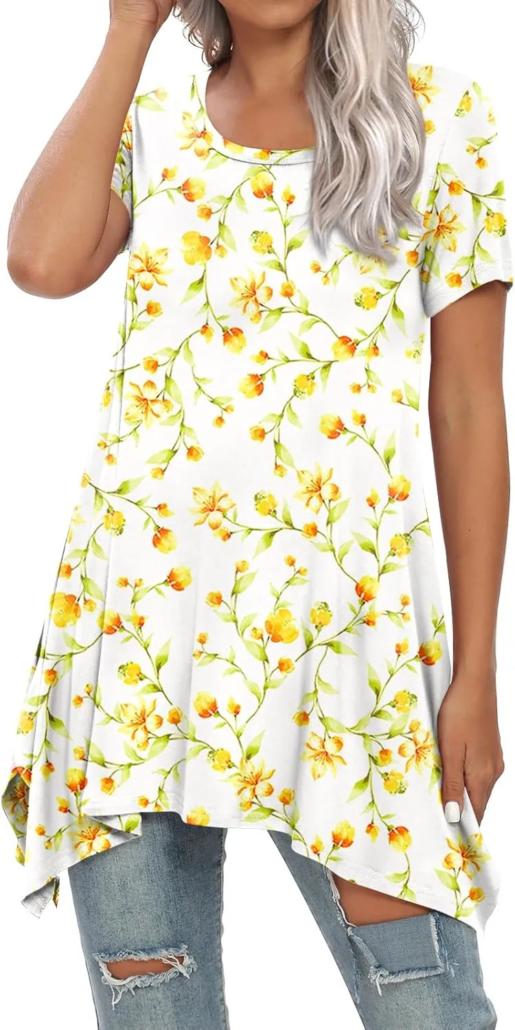 BISHUIGE Womens Summer Short Sleeve Irregular Hem Loose Tunic Tops Flowy Blouses Shirt