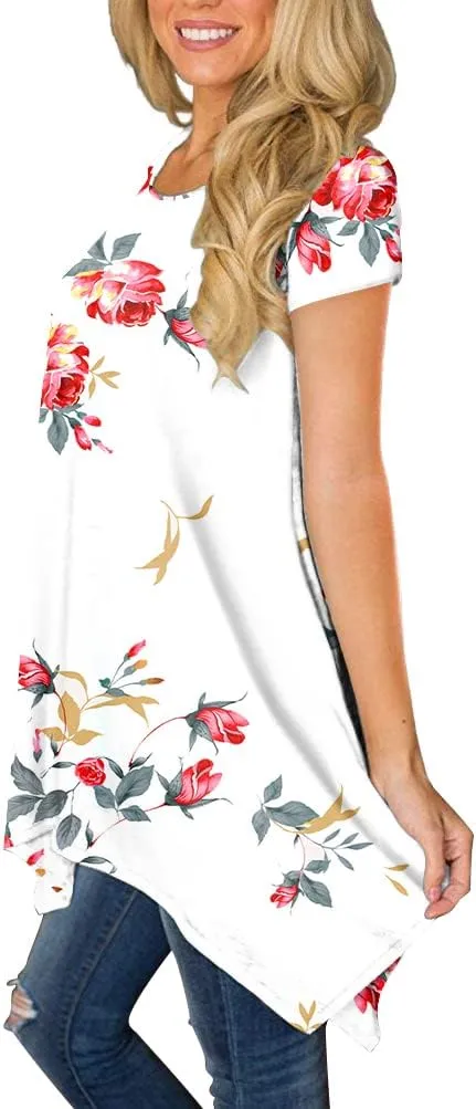 BISHUIGE Womens Summer Short Sleeve Irregular Hem Loose Tunic Tops Flowy Blouses Shirt