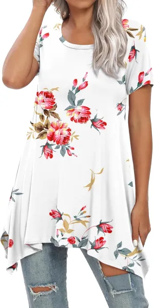 BISHUIGE Womens Summer Short Sleeve Irregular Hem Loose Tunic Tops Flowy Blouses Shirt