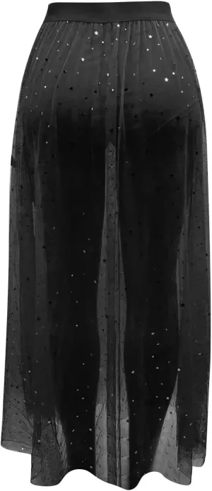 Black Skirt for Women Midi Skirt Elastic High Waist Flowy Pleated Skirt a Line Mesh Fairy Skirt Business Casual