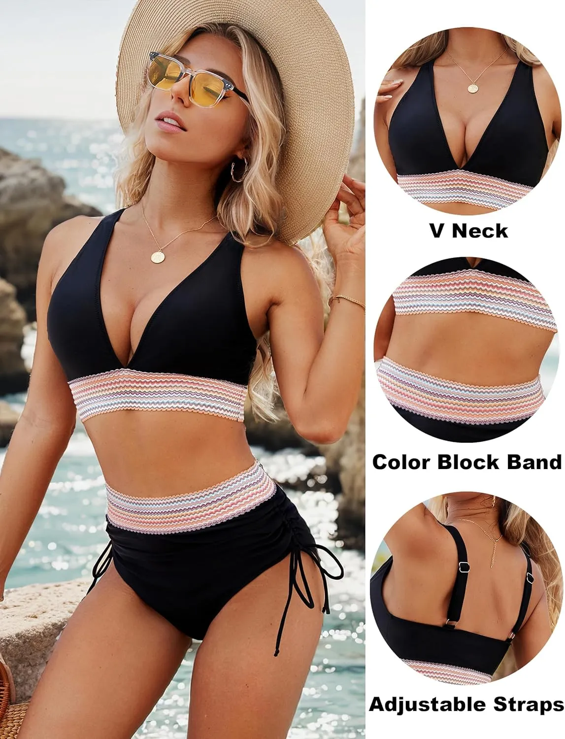 Blooming Jelly Womens High Waisted Bikini Sets Color Block Tummy Control Swimsuits Drawstring Two Piece Bathing Suit