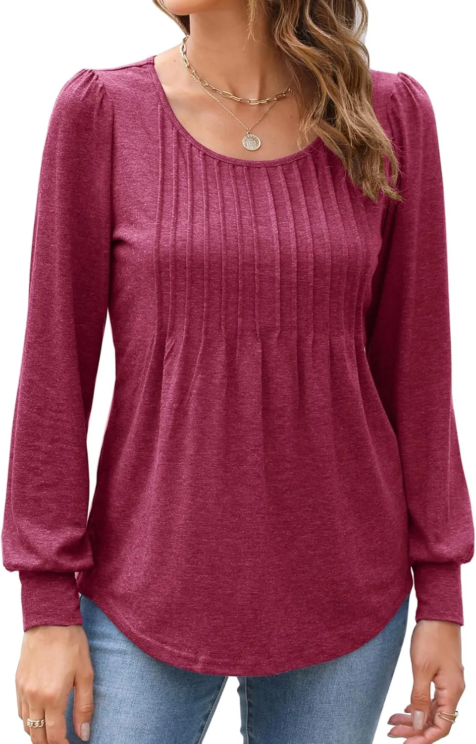 Bluetime Women's Puff Long Sleeve Pleated Front Scoop Neck Tunic Tops Fall Tshirts Shirts Blouses