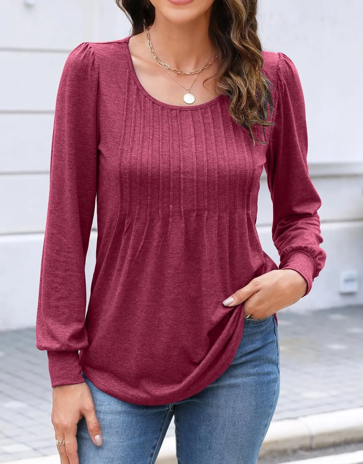 Bluetime Women's Puff Long Sleeve Pleated Front Scoop Neck Tunic Tops Fall Tshirts Shirts Blouses