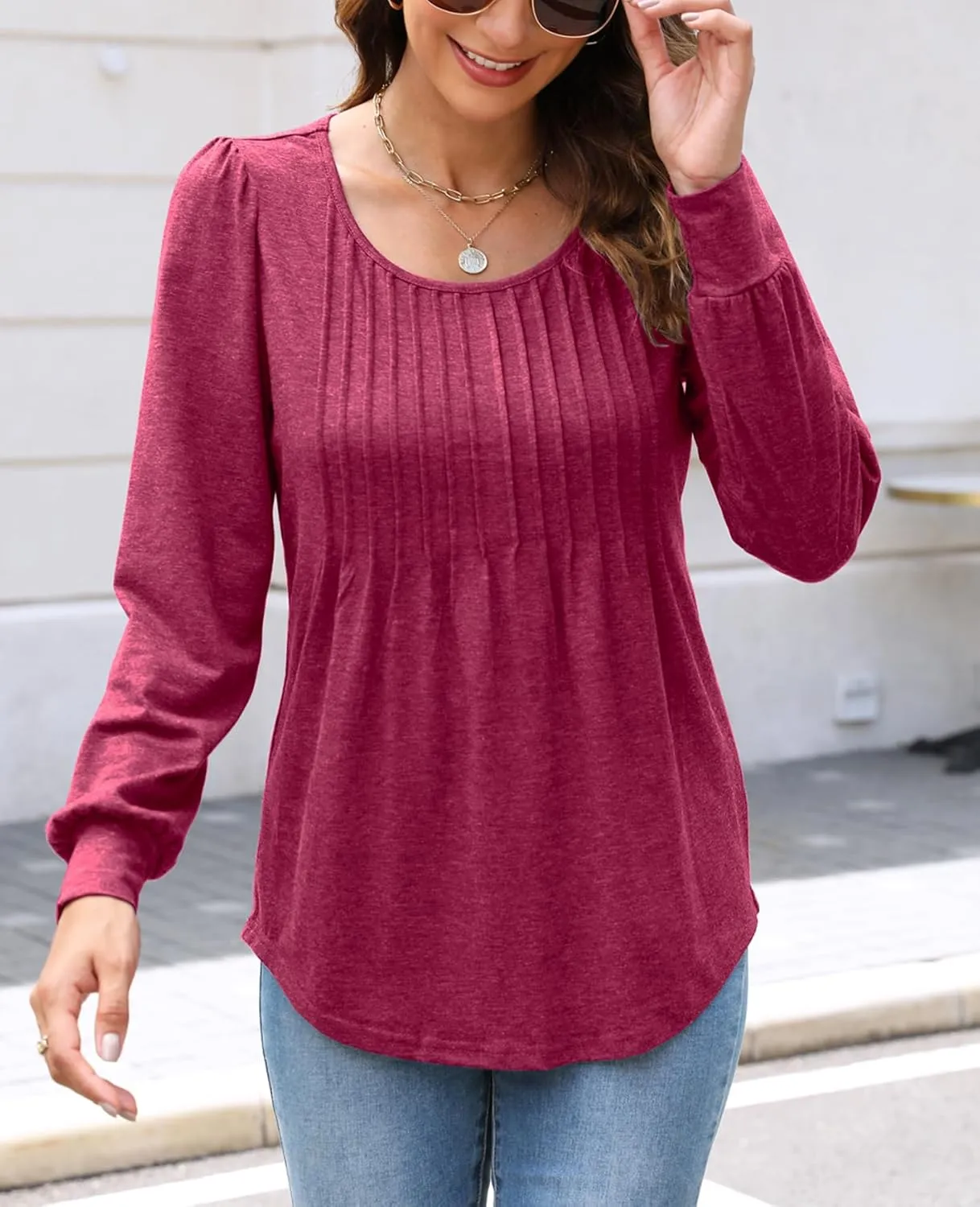 Bluetime Women's Puff Long Sleeve Pleated Front Scoop Neck Tunic Tops Fall Tshirts Shirts Blouses