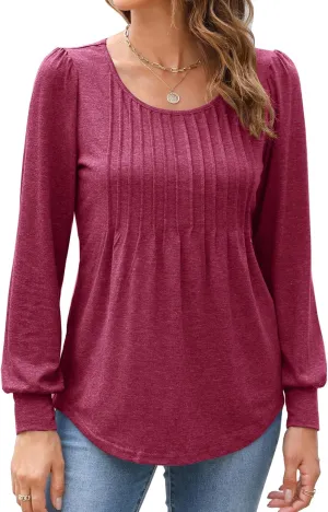 Bluetime Women's Puff Long Sleeve Pleated Front Scoop Neck Tunic Tops Fall Tshirts Shirts Blouses