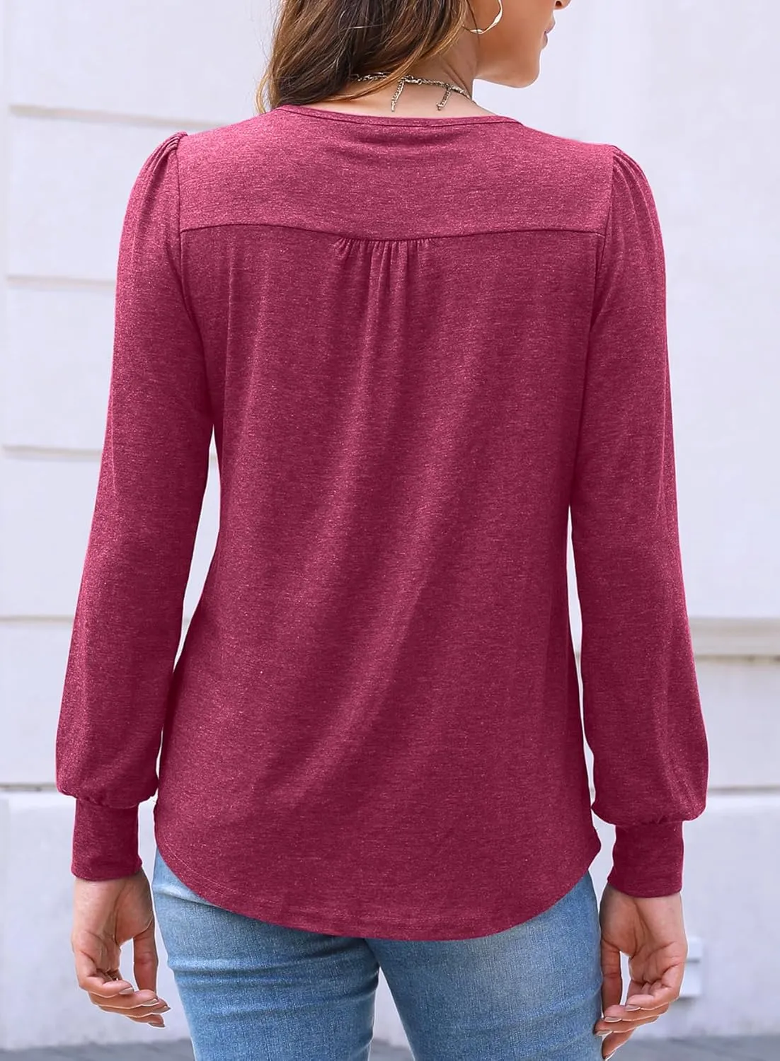Bluetime Women's Puff Long Sleeve Pleated Front Scoop Neck Tunic Tops Fall Tshirts Shirts Blouses