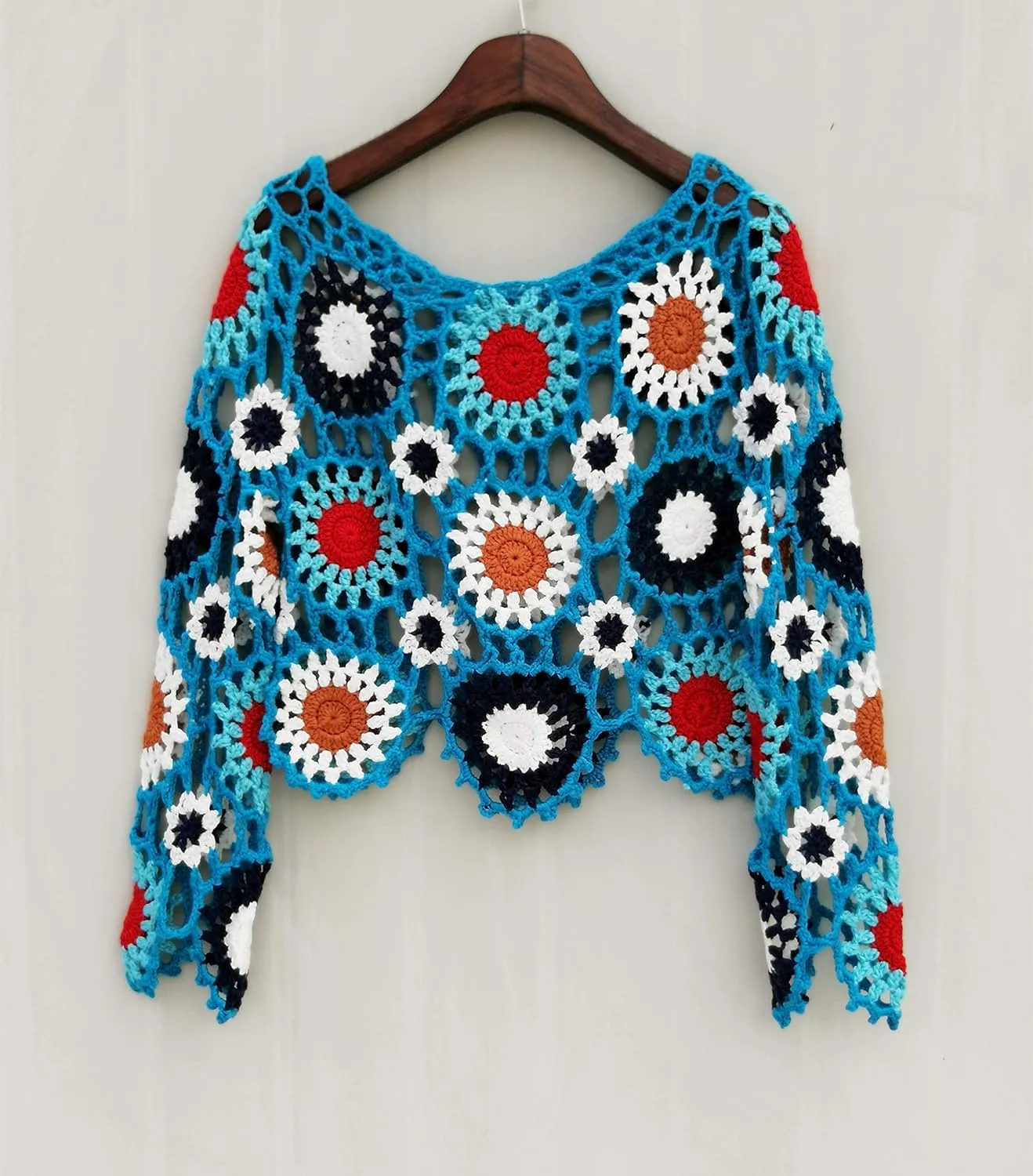 Bohemian Women Plus Crochet Sweater Long Sleeve Boho Floral Blouses Tops Multicolor Clothing