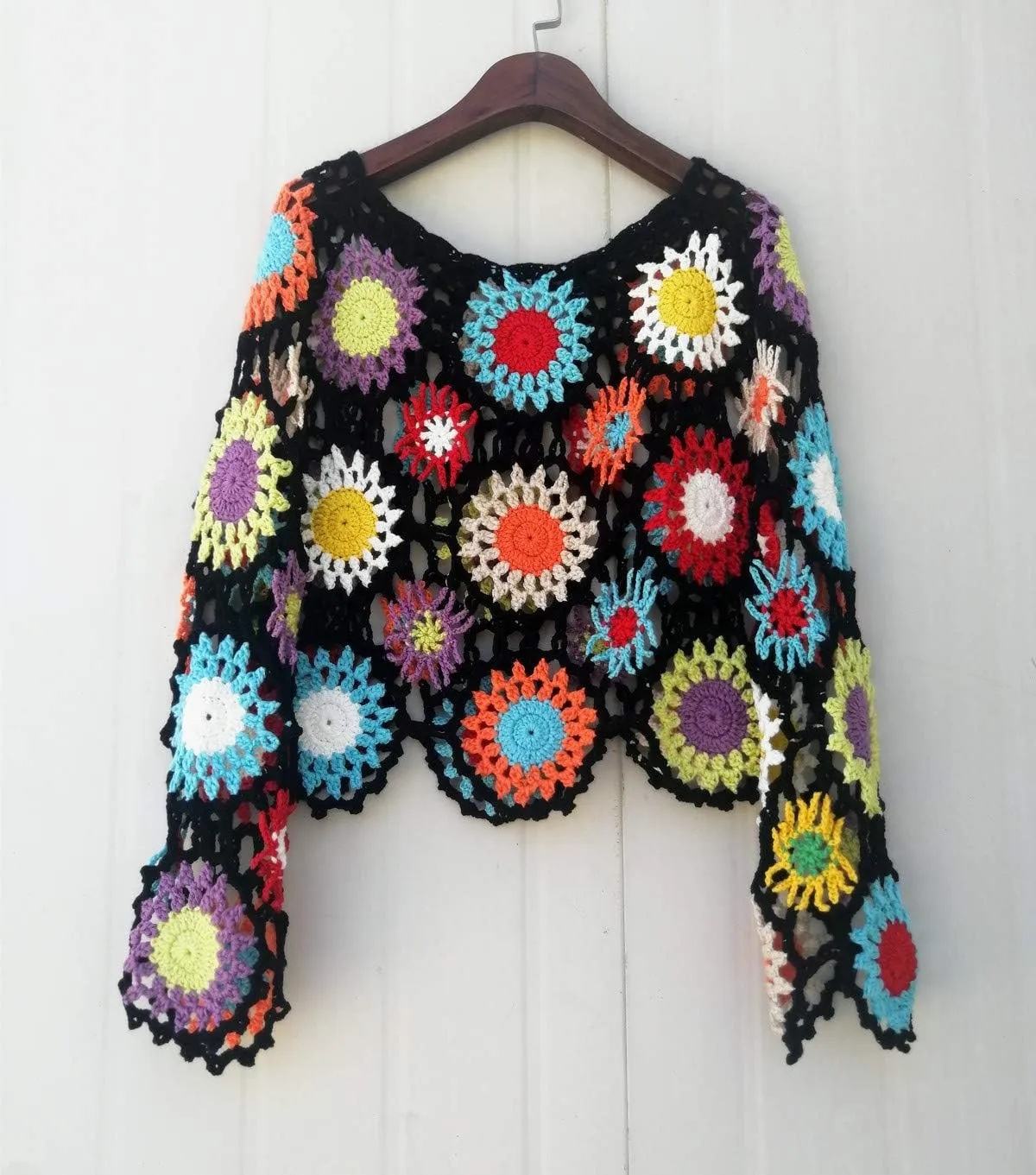 Bohemian Women Plus Crochet Sweater Long Sleeve Boho Floral Blouses Tops Multicolor Clothing