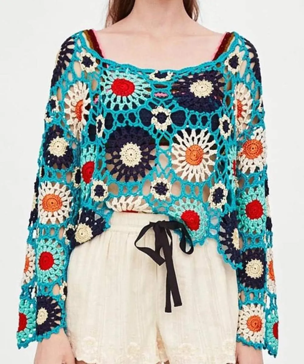 Bohemian Women Plus Crochet Sweater Long Sleeve Boho Floral Blouses Tops Multicolor Clothing