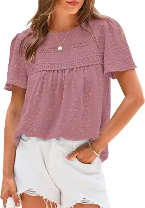 BTFBM Women's 2025 Summer Tops Swiss Dot Lace Crochet Crewneck Short Sleeve Casual Cute Shirts Boho Blouses
