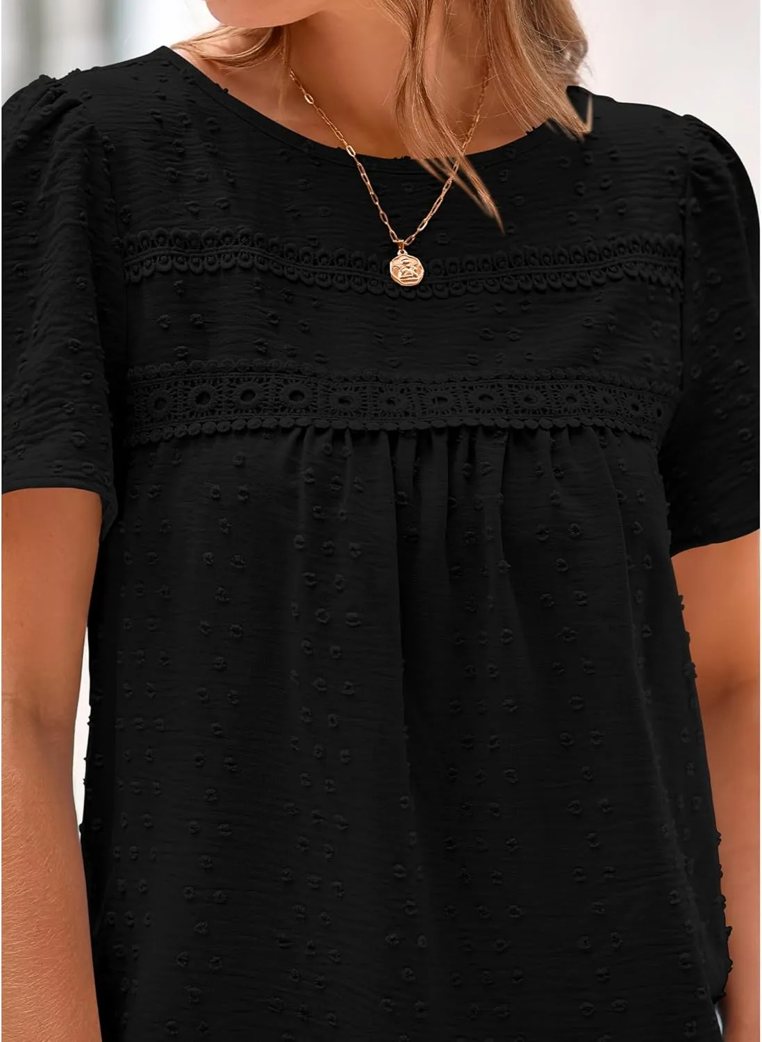 BTFBM Women's 2025 Summer Tops Swiss Dot Lace Crochet Crewneck Short Sleeve Casual Cute Shirts Boho Blouses