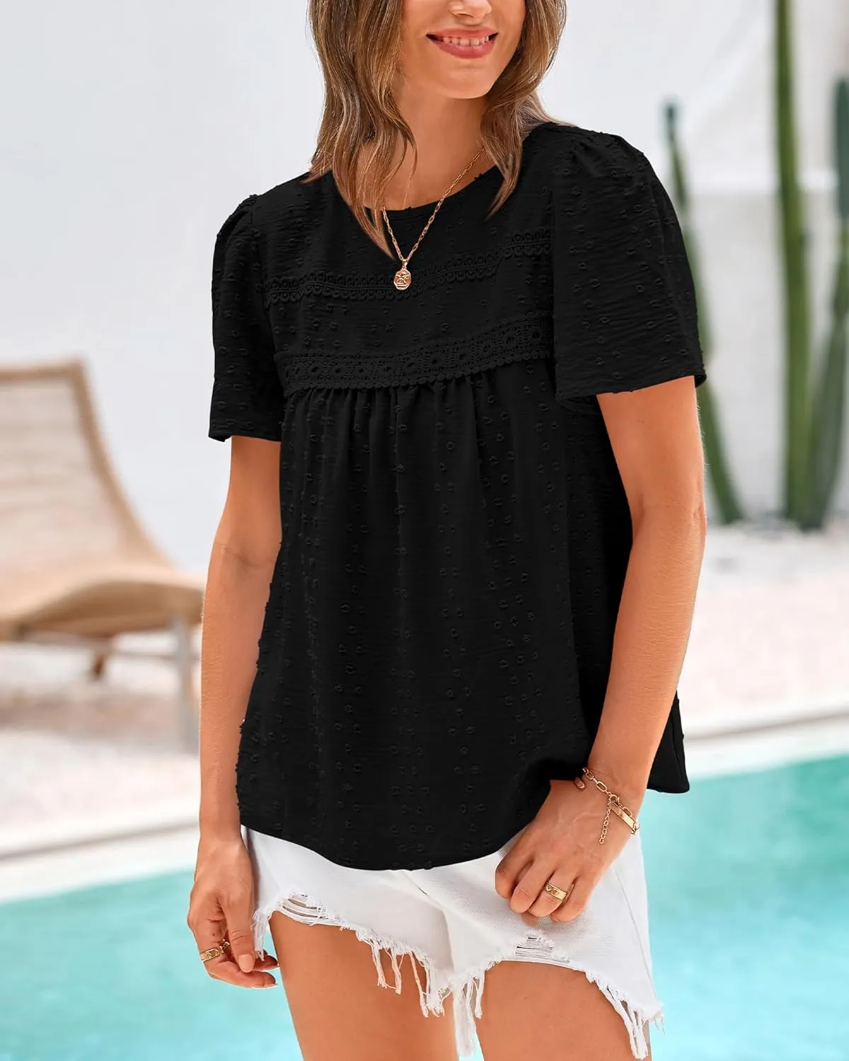 BTFBM Women's 2025 Summer Tops Swiss Dot Lace Crochet Crewneck Short Sleeve Casual Cute Shirts Boho Blouses