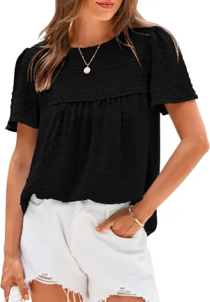 BTFBM Women's 2025 Summer Tops Swiss Dot Lace Crochet Crewneck Short Sleeve Casual Cute Shirts Boho Blouses