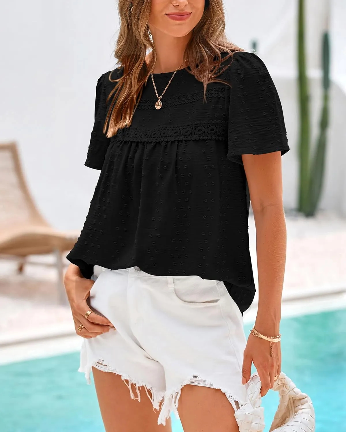 BTFBM Women's 2025 Summer Tops Swiss Dot Lace Crochet Crewneck Short Sleeve Casual Cute Shirts Boho Blouses