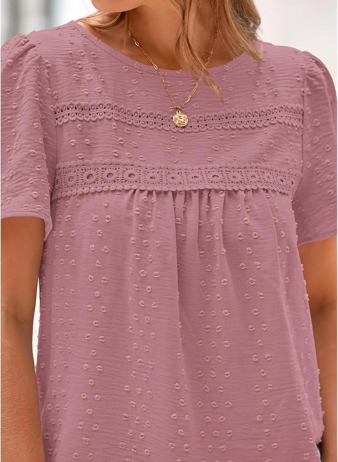 BTFBM Women's 2025 Summer Tops Swiss Dot Lace Crochet Crewneck Short Sleeve Casual Cute Shirts Boho Blouses