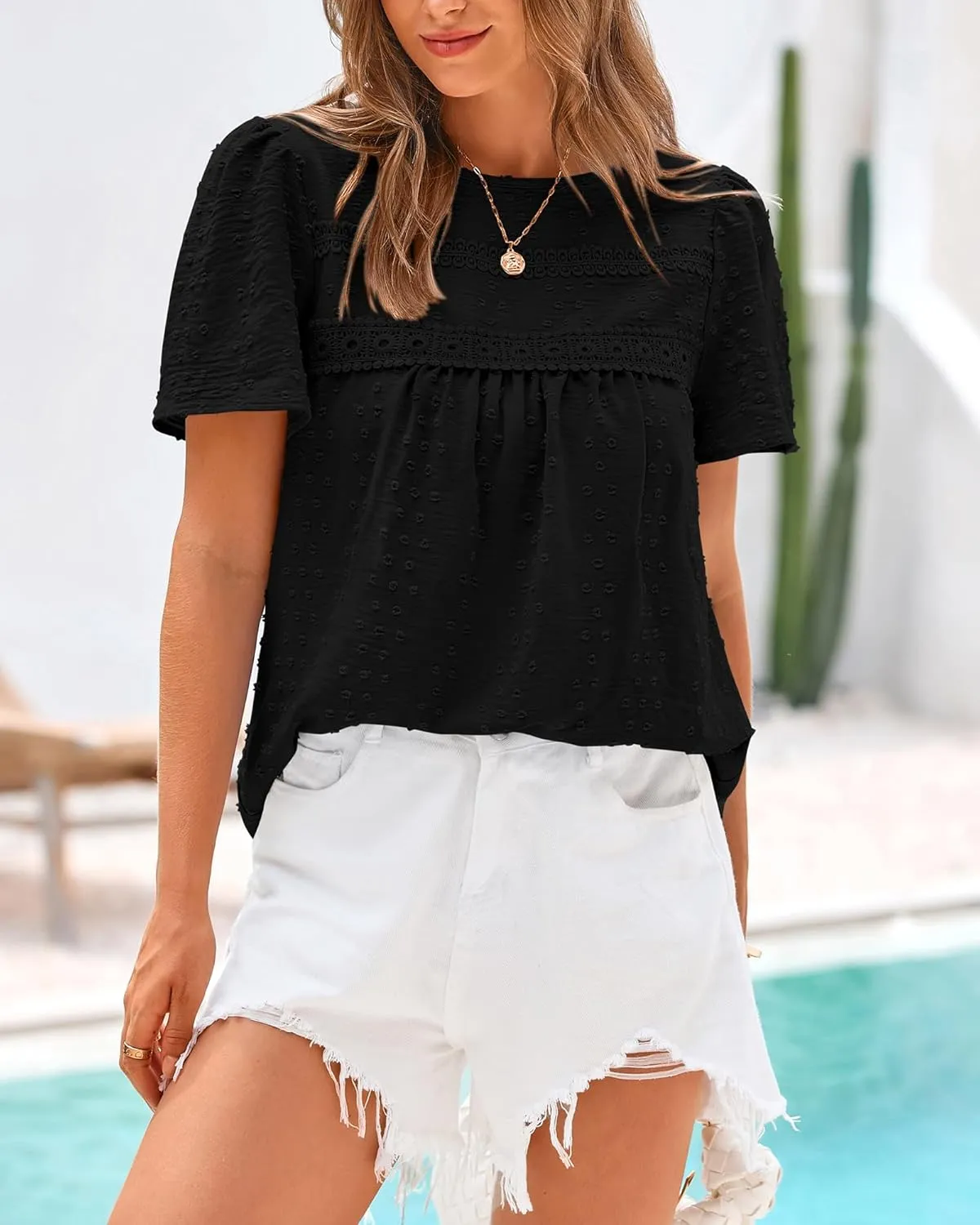 BTFBM Women's 2025 Summer Tops Swiss Dot Lace Crochet Crewneck Short Sleeve Casual Cute Shirts Boho Blouses