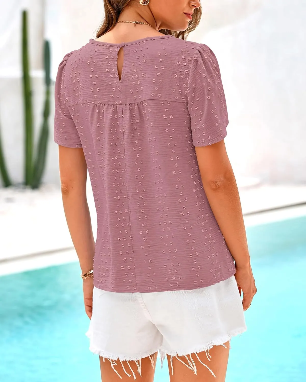 BTFBM Women's 2025 Summer Tops Swiss Dot Lace Crochet Crewneck Short Sleeve Casual Cute Shirts Boho Blouses