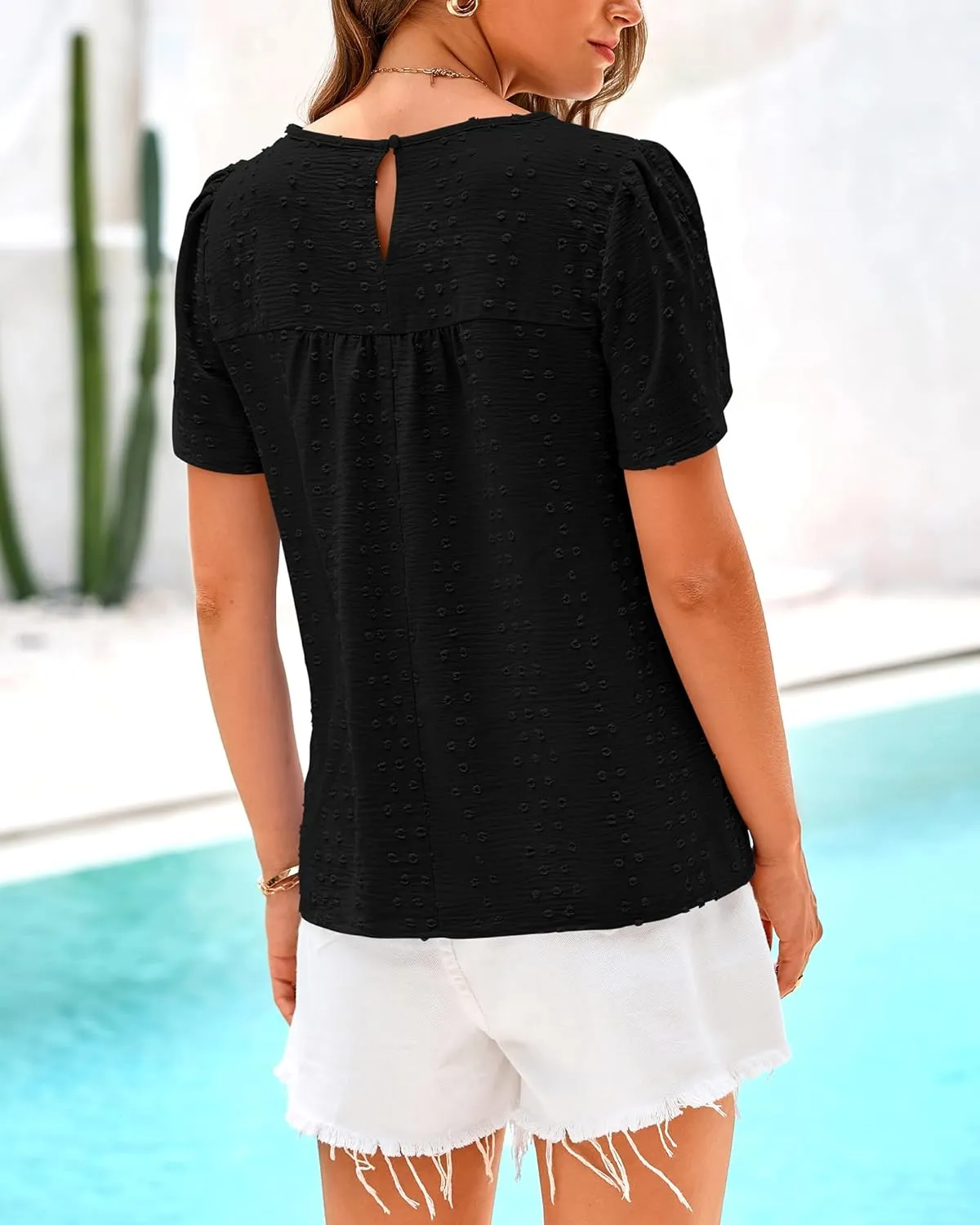BTFBM Women's 2025 Summer Tops Swiss Dot Lace Crochet Crewneck Short Sleeve Casual Cute Shirts Boho Blouses