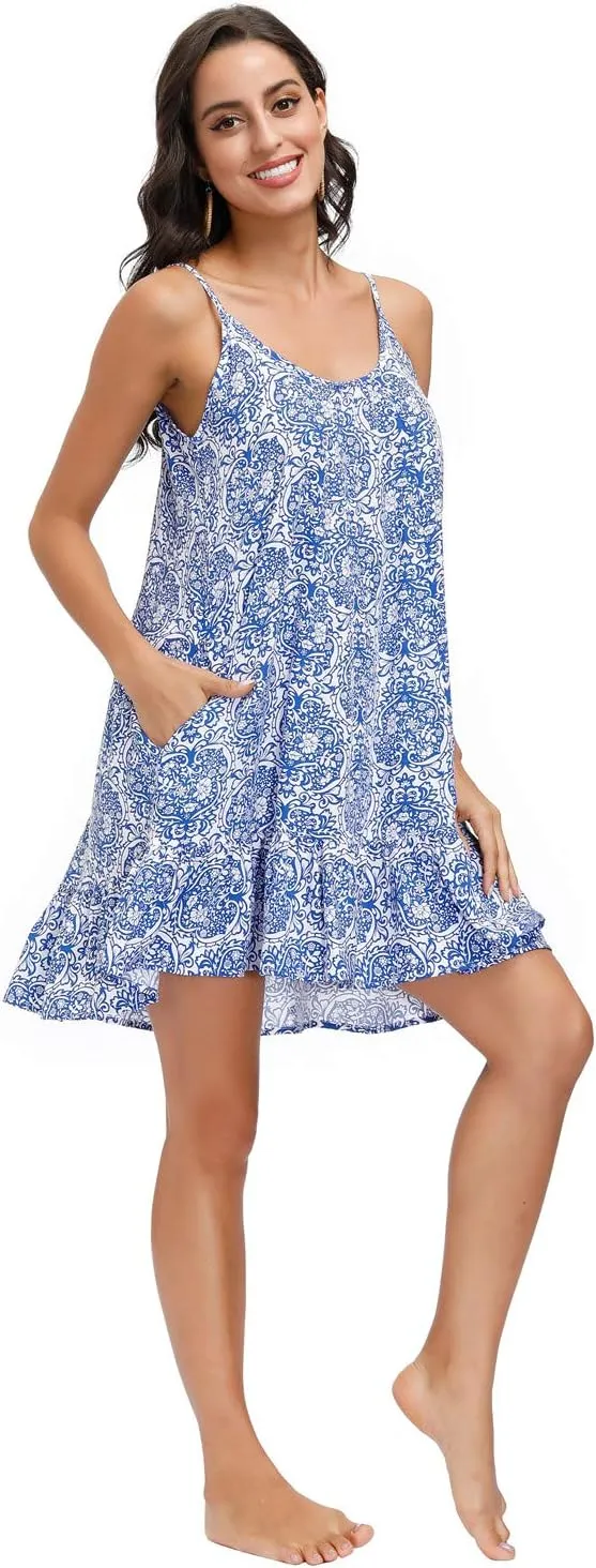 BUENOS NINOS Women's V Neck Floral Summer Dress Boho Printed Adjustable Spaghetti Strap Beach Short Dress with Pockets