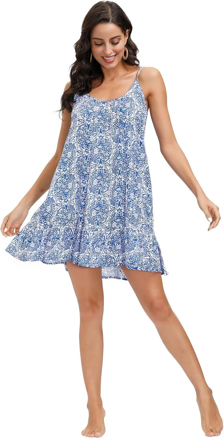 BUENOS NINOS Women's V Neck Floral Summer Dress Boho Printed Adjustable Spaghetti Strap Beach Short Dress with Pockets