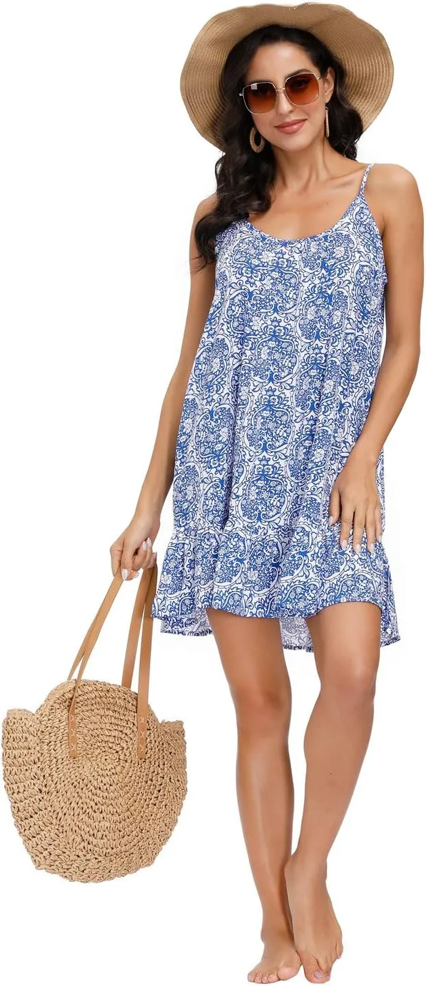 BUENOS NINOS Women's V Neck Floral Summer Dress Boho Printed Adjustable Spaghetti Strap Beach Short Dress with Pockets