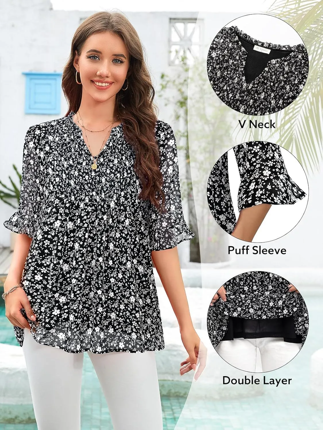 Bulotus Womens 3/4 Sleeve Ruffle Chiffon Blouses Dressy Casual V Neck Tops