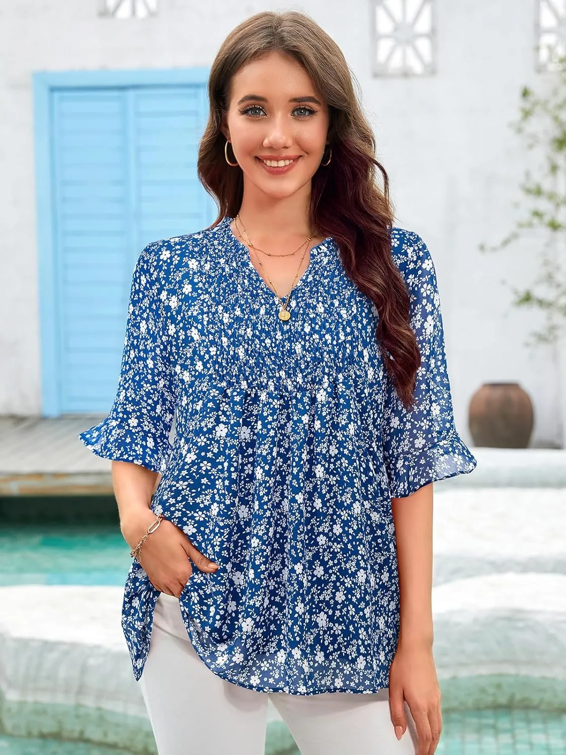 Bulotus Womens 3/4 Sleeve Ruffle Chiffon Blouses Dressy Casual V Neck Tops