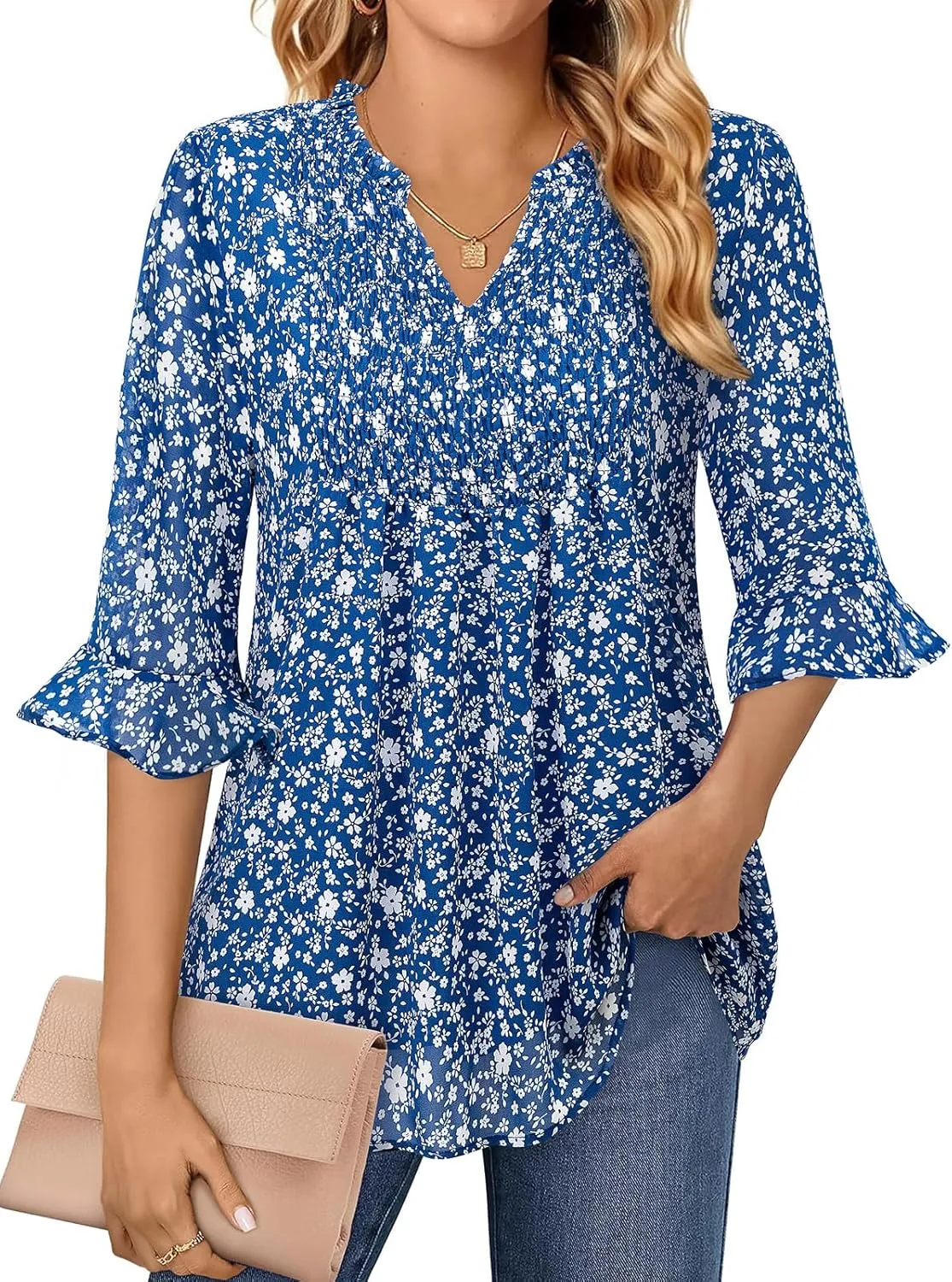 Bulotus Womens 3/4 Sleeve Ruffle Chiffon Blouses Dressy Casual V Neck Tops