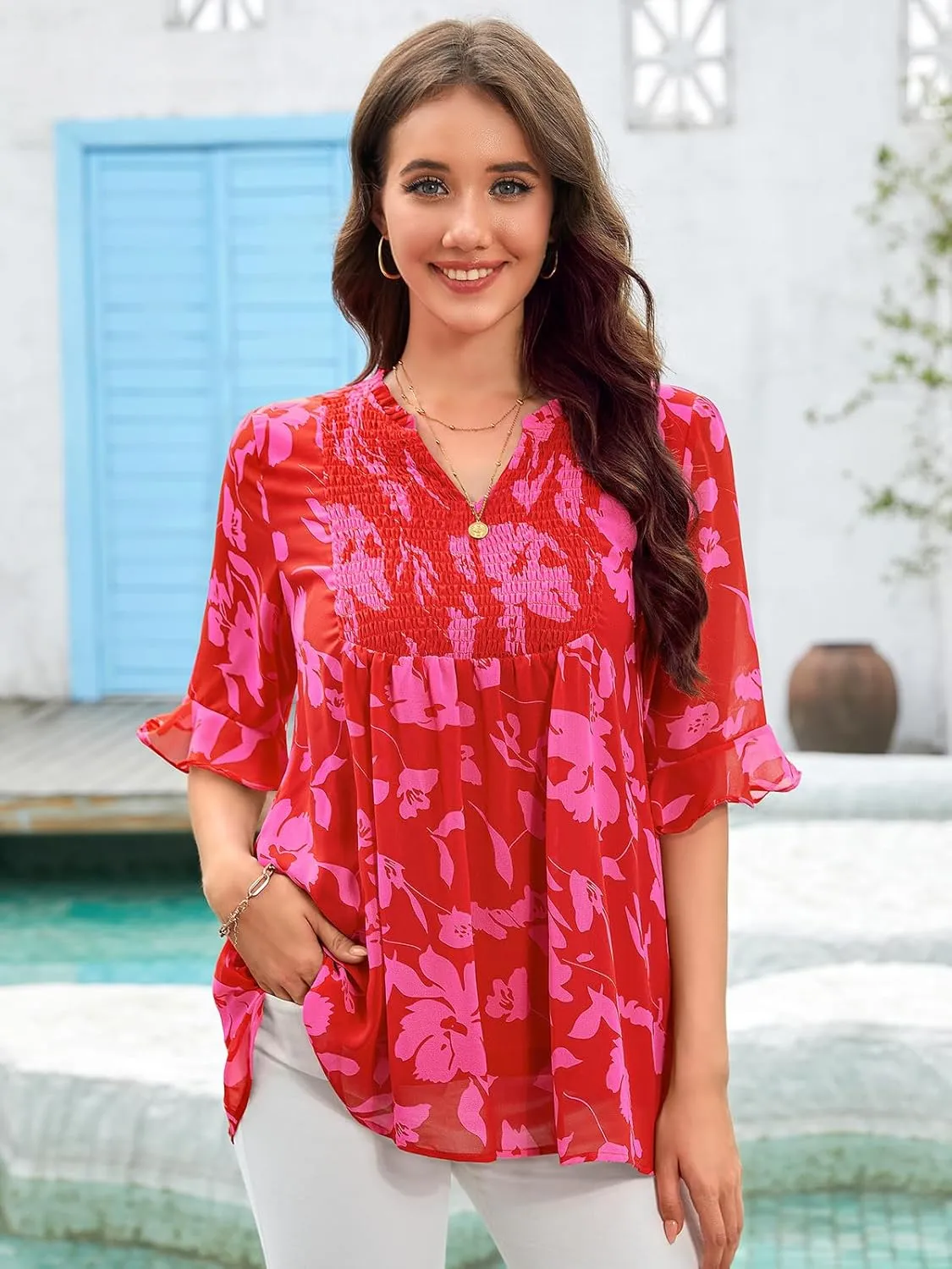 Bulotus Womens 3/4 Sleeve Ruffle Chiffon Blouses Dressy Casual V Neck Tops