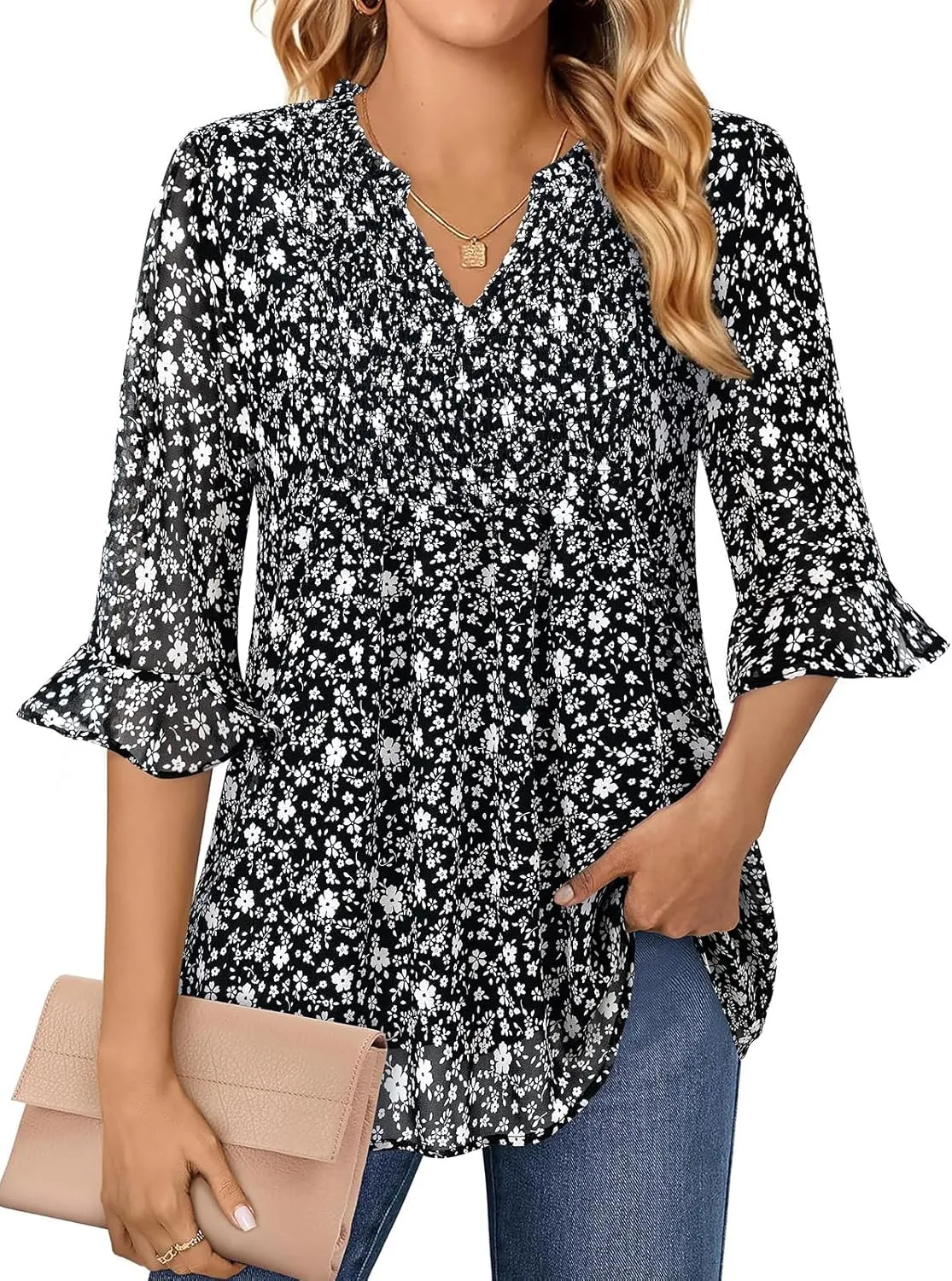 Bulotus Womens 3/4 Sleeve Ruffle Chiffon Blouses Dressy Casual V Neck Tops