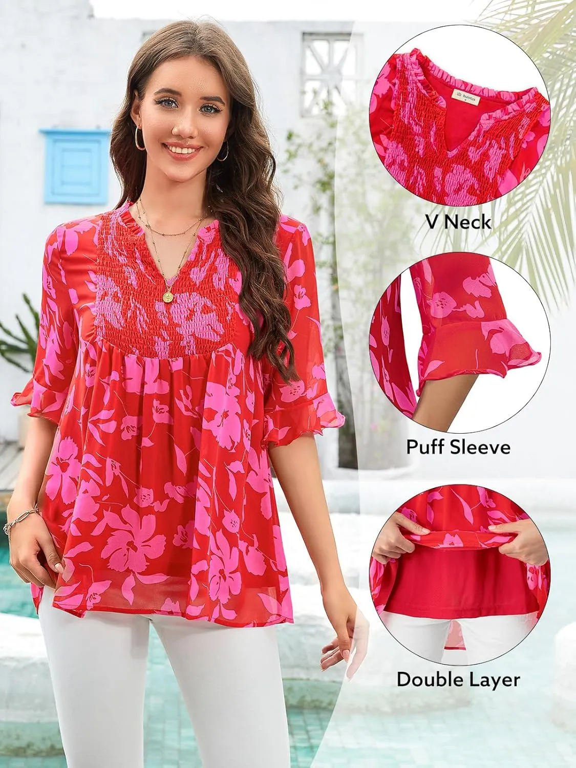 Bulotus Womens 3/4 Sleeve Ruffle Chiffon Blouses Dressy Casual V Neck Tops