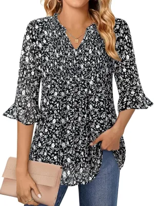Bulotus Womens 3/4 Sleeve Ruffle Chiffon Blouses Dressy Casual V Neck Tops