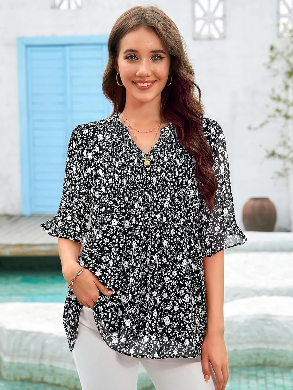 Bulotus Womens 3/4 Sleeve Ruffle Chiffon Blouses Dressy Casual V Neck Tops
