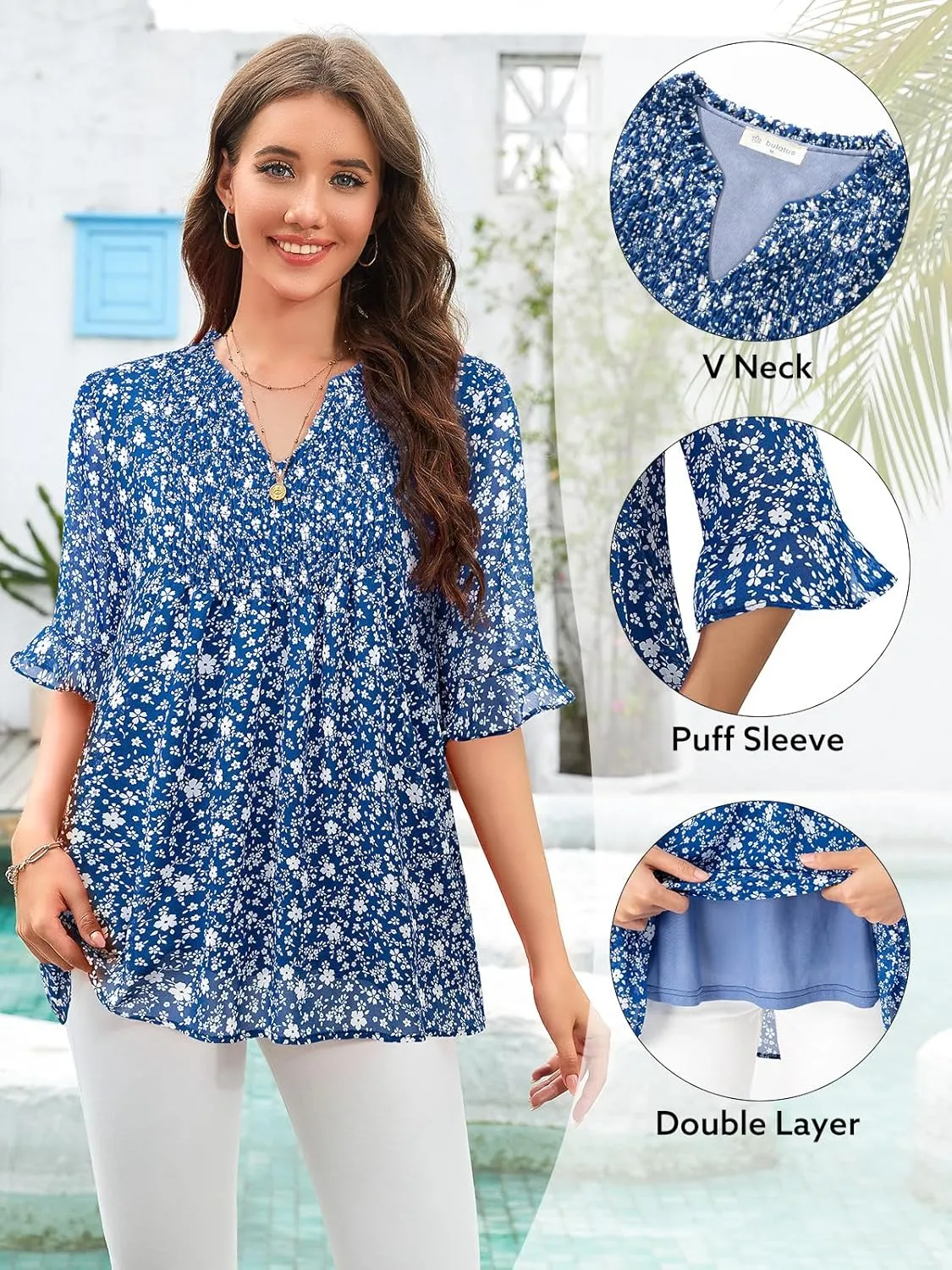 Bulotus Womens 3/4 Sleeve Ruffle Chiffon Blouses Dressy Casual V Neck Tops