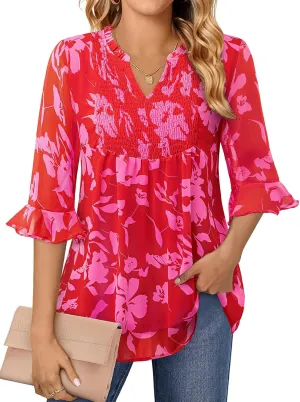 Bulotus Womens 3/4 Sleeve Ruffle Chiffon Blouses Dressy Casual V Neck Tops