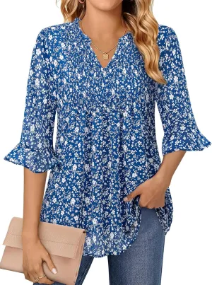 Bulotus Womens 3/4 Sleeve Ruffle Chiffon Blouses Dressy Casual V Neck Tops