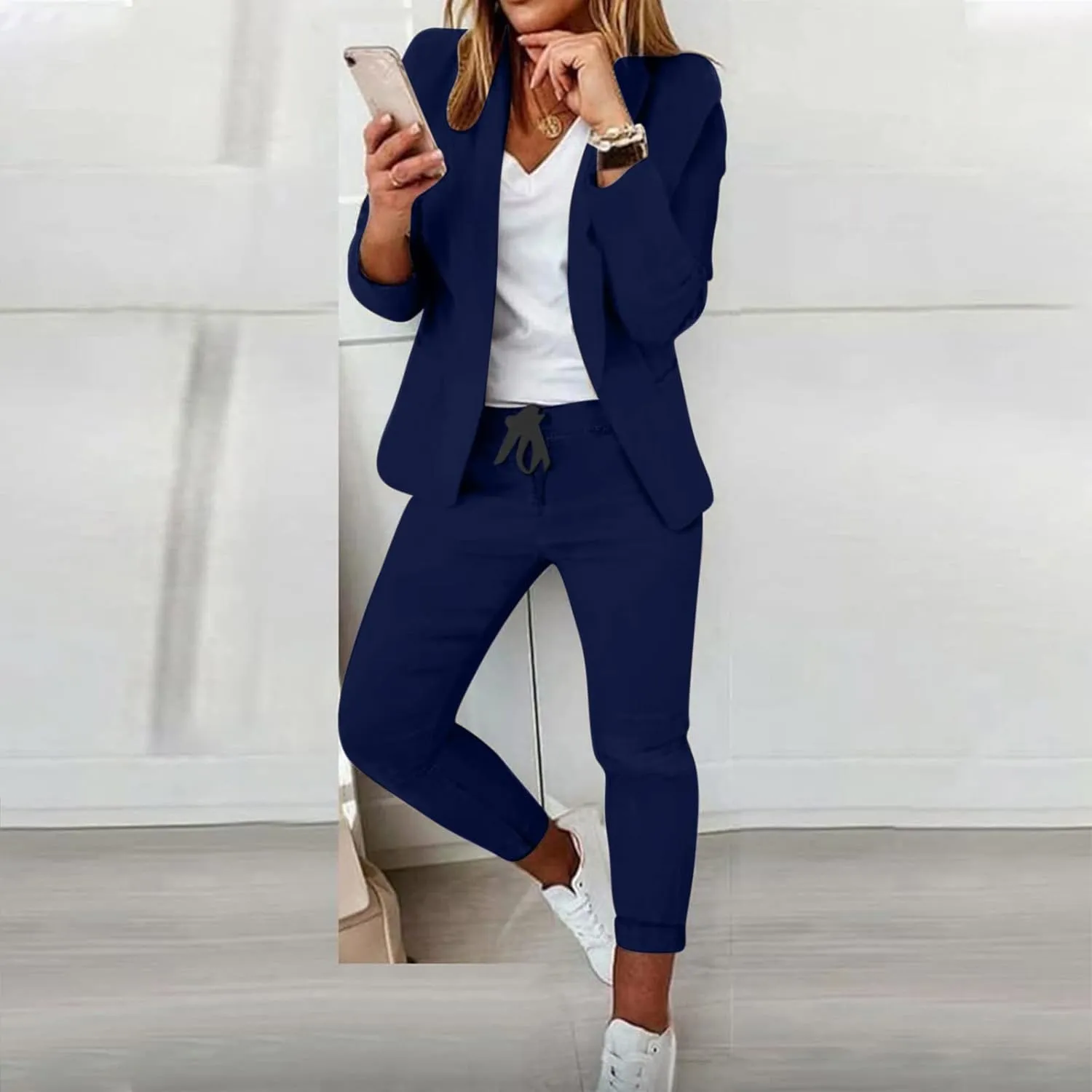 Business Casual Outfits for Women 2 Piece Suit Sets Long Sleeve Open Front Blazers & Office Drawstring Dress Pants