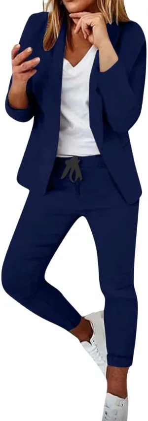 Business Casual Outfits for Women 2 Piece Suit Sets Long Sleeve Open Front Blazers & Office Drawstring Dress Pants