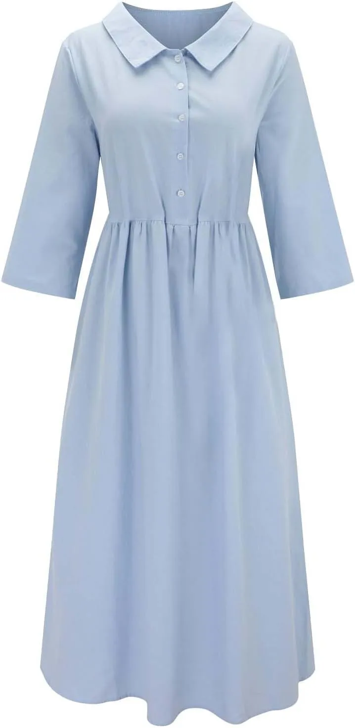 Button Up Midi Dress for Women Smocked Waist A-Line Dress Short Sleeve Solid Flowy Beach Summer Dresses 2025