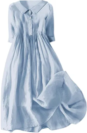 Button Up Midi Dress for Women Smocked Waist A-Line Dress Short Sleeve Solid Flowy Beach Summer Dresses 2025