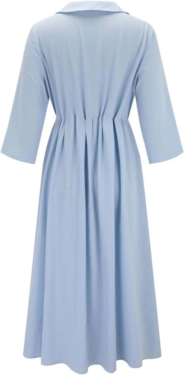 Button Up Midi Dress for Women Smocked Waist A-Line Dress Short Sleeve Solid Flowy Beach Summer Dresses 2025