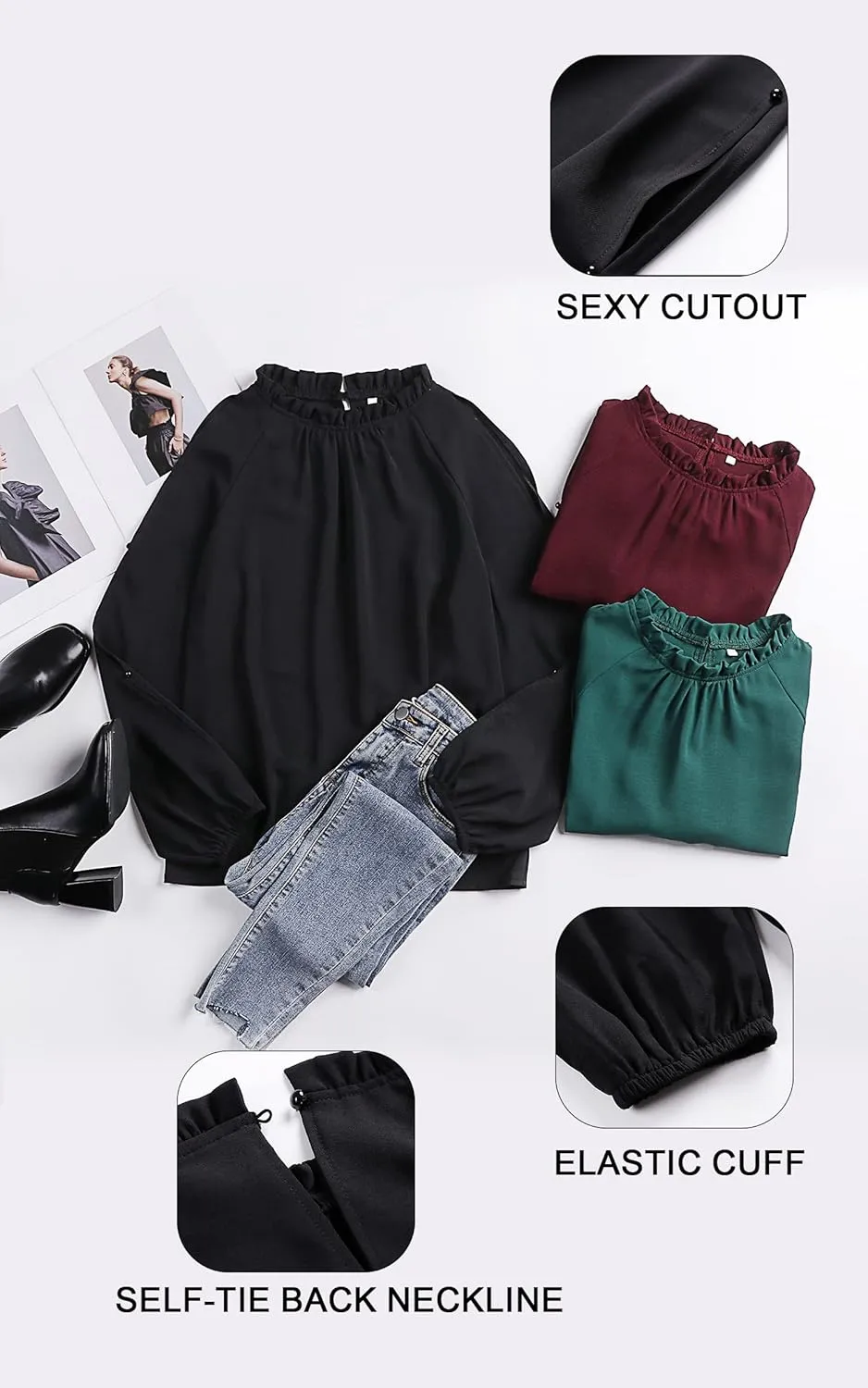 CCTOO Womens Tops Dressy Casual Cold Shoulder Ruffle Collar Blouses Fall Fashion Shirts for Work